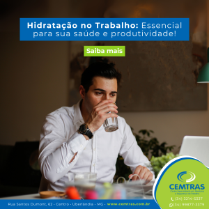 Hidratação no Trabalho: Essencial para sua saúde e produtividade! Manter-se hidratado vai além de matar a sede. No ambiente de trabalho, especialmente em atividades físicas, com calor ou equipamentos, a água é fundamental para o corpo funcionar bem.
