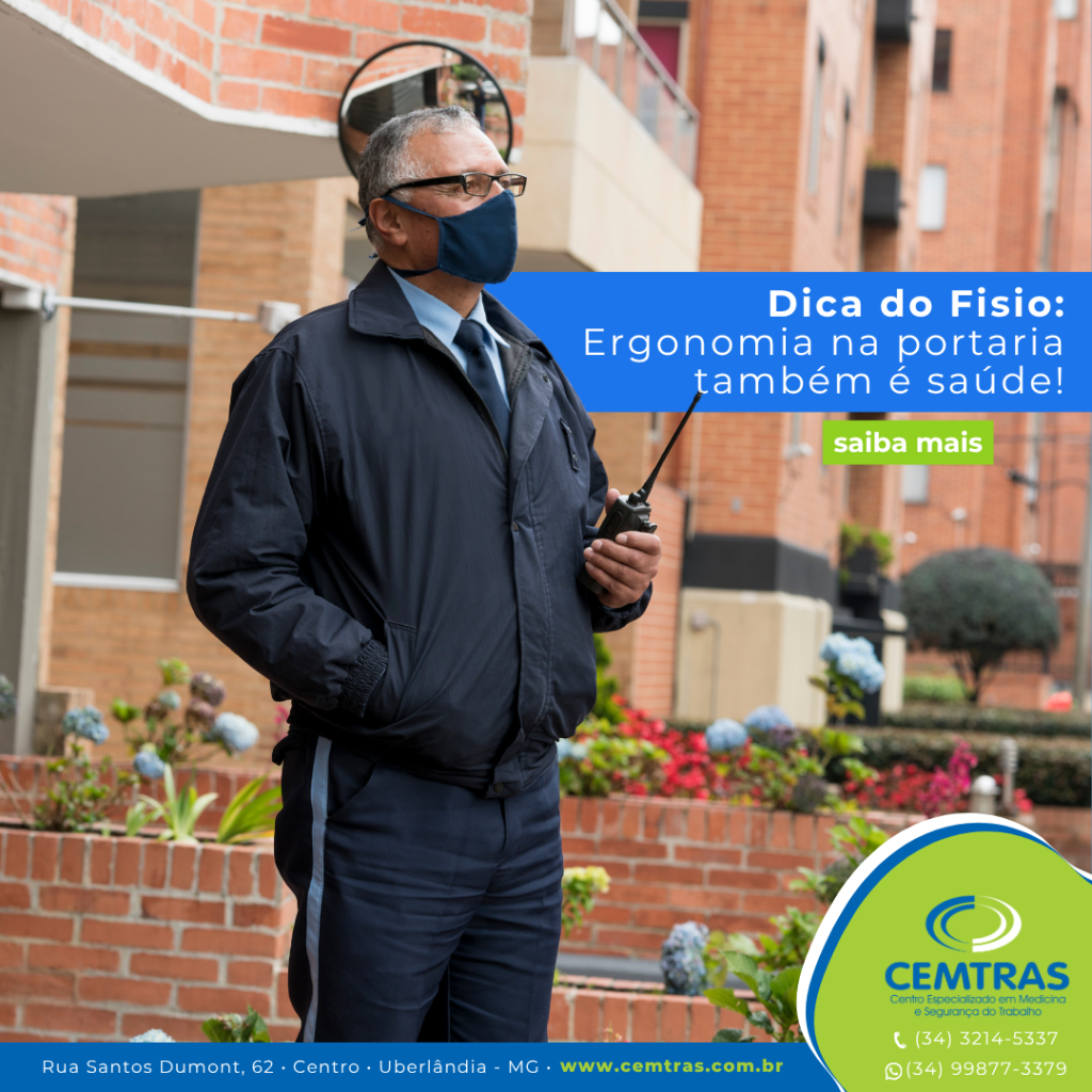 Dica do Fisio: Ergonomia na portaria também é saúde! O trabalho na portaria exige atenção constante, postura prolongada e movimentos repetitivos, o que pode gerar dores musculares e fadiga se a ergonomia não for adequada.